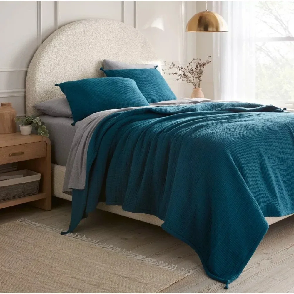 Threshold Full Queen Double Cloth Quilt Dark Teal Blue Cotton Textured Bedding